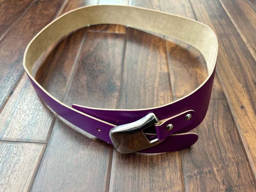 Vintage Purple Leather Wide Belt with Silver Tone Buckle